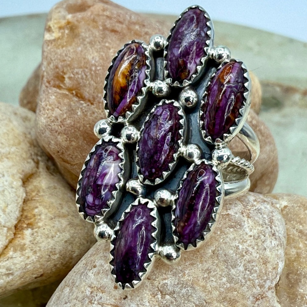 Native American Sterling Silver Purple Spiny Oyster 7-Stone Ring Roberta Begay - Picture 5 of 17